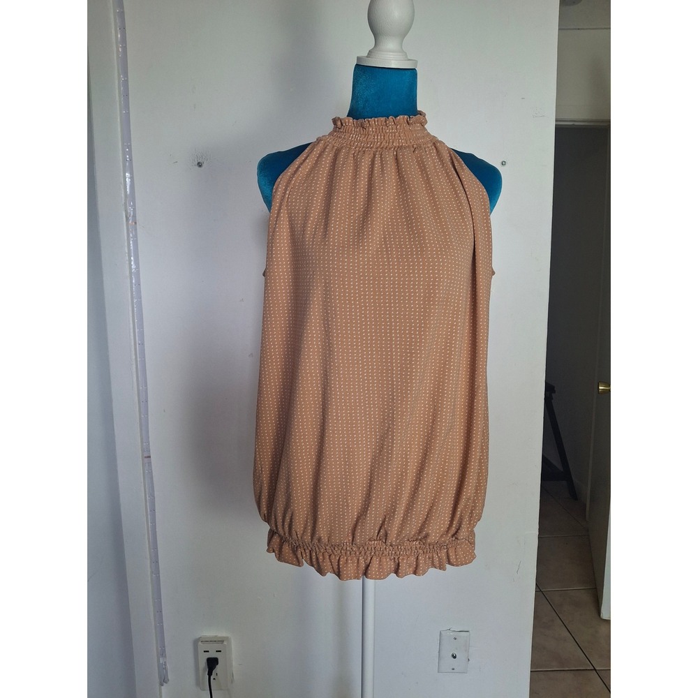 Adrianna Papell Tan Polka Dot Smocked High Neck Blouse AD1S300976 Large